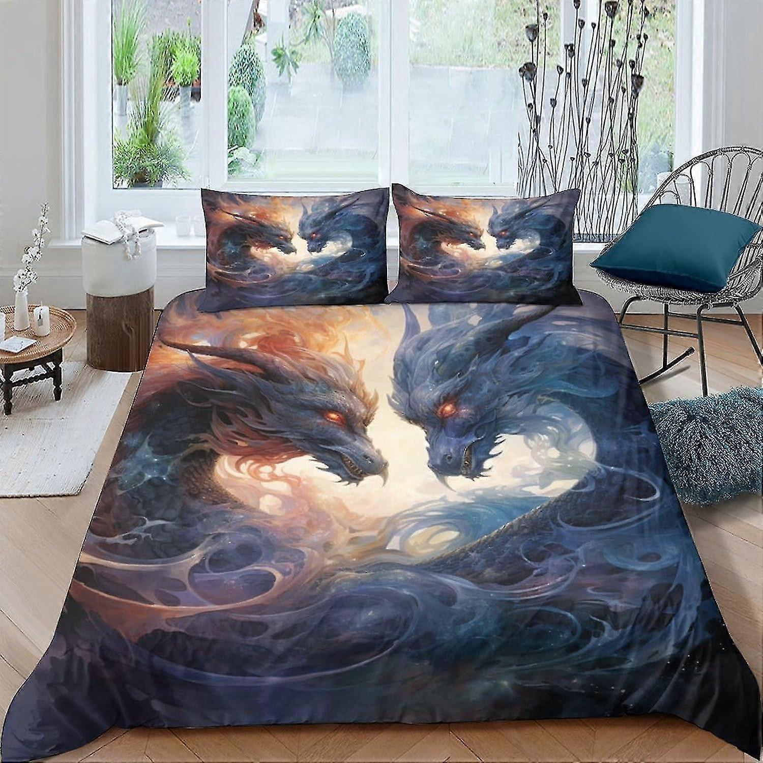 3 Pieces Ice Fire Dragon Duvet Cover Set 3D Printed Bedding Quilt with Zipper Closure for Teens Ultra Soft Microfiber Bedding