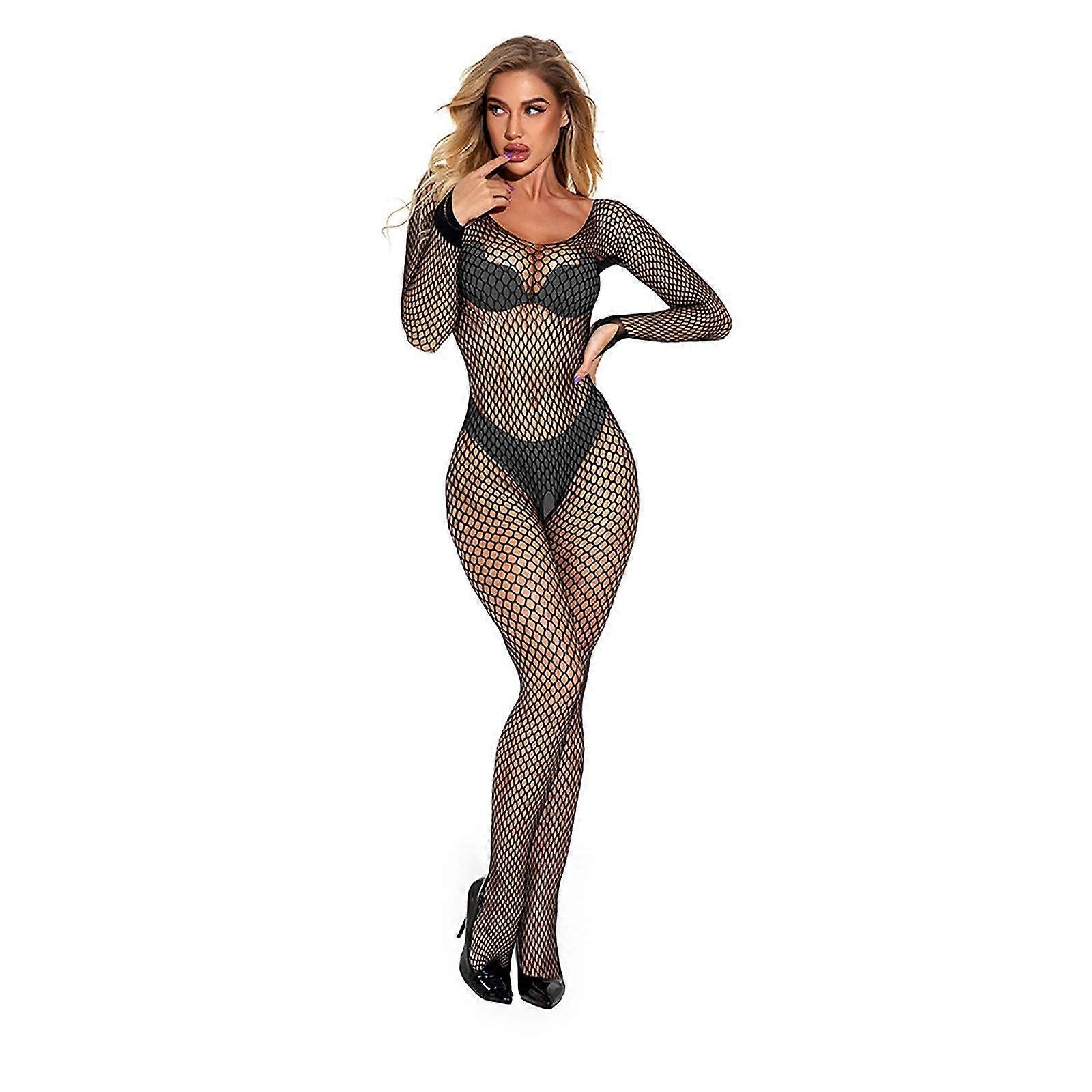 Livia Corsetti Abra Body Stocking Sexy Net Catsuit Delicate Lace Overalls, LongSleeved, Open Crotch, S/L Black S/L (1Pack) black 1