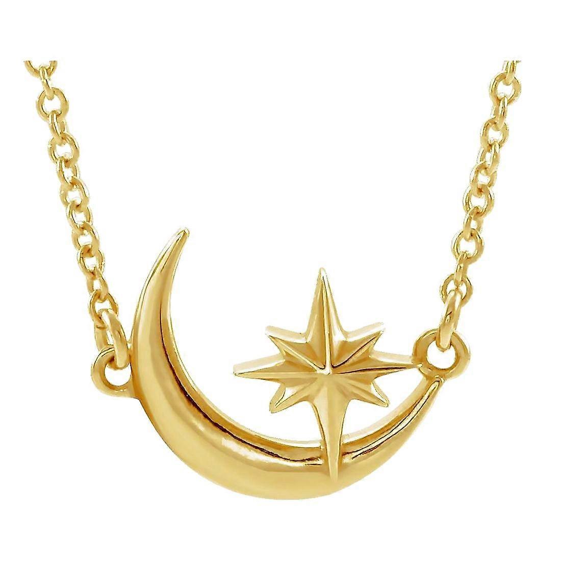 Or jaune 14 carats poli croissant de lune céleste et étoile Collier centre pendentif-collier pour femme