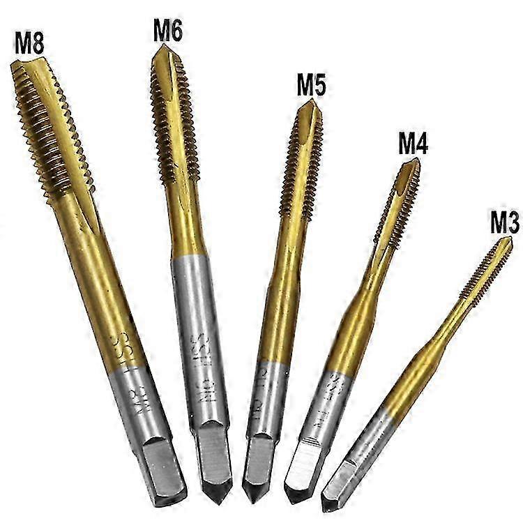 Spiral Point HSS Titanium Right Hand Tap Set - 5-Piece Thread Plug Taps for M3, M4, M5, M6, M8 Drilling and Cutting Tools