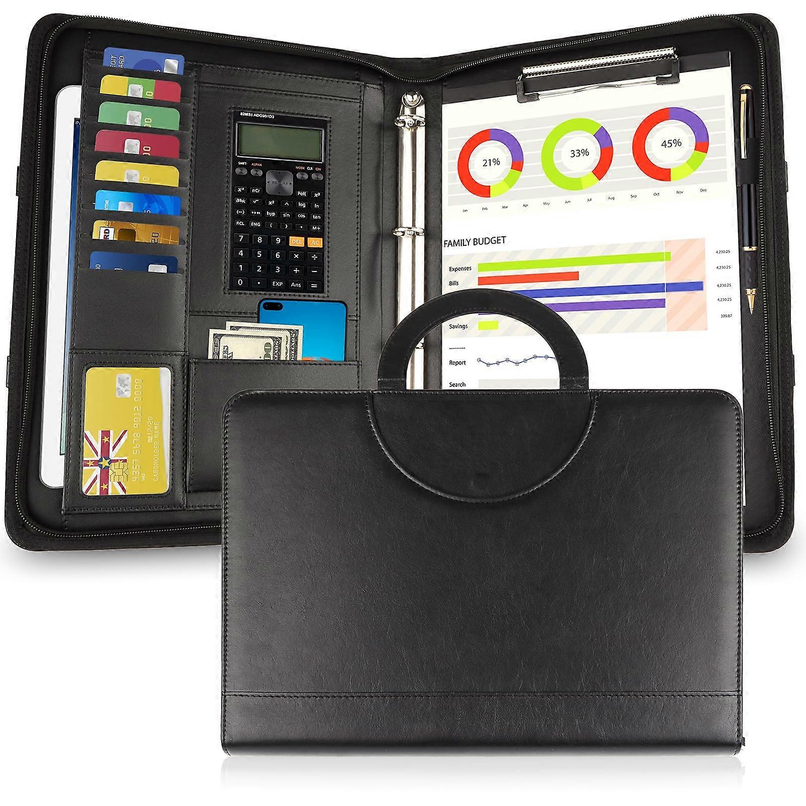 A4 Zipper Conference Leather Business Document Bag Portfolio Folder with Zipper with Ring Binder (Black)