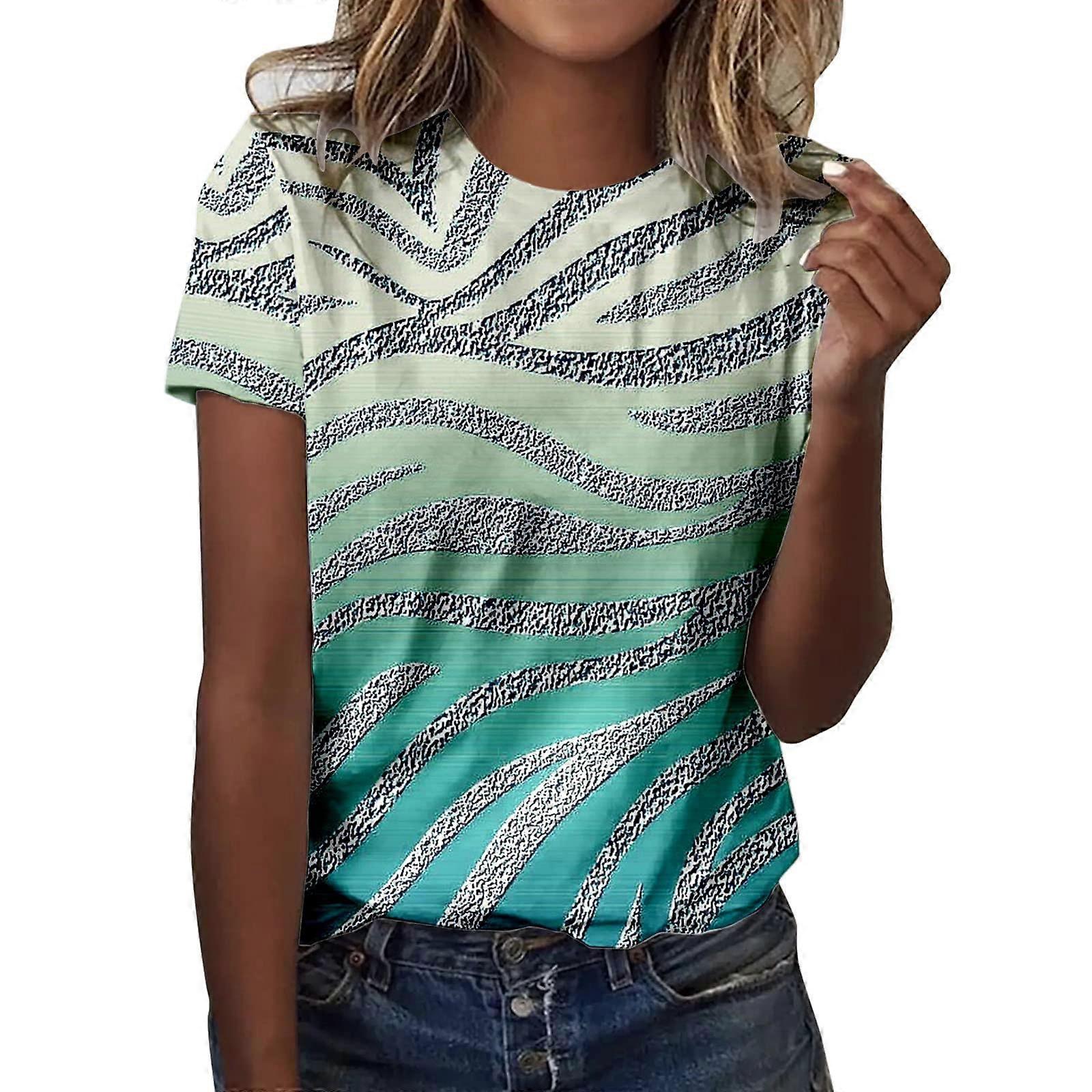 Damen Sommer Casual T-Shirt Minzgrün Rundhals Kurzarm Top mit Farbverlauf Textur Print Größe S 2025