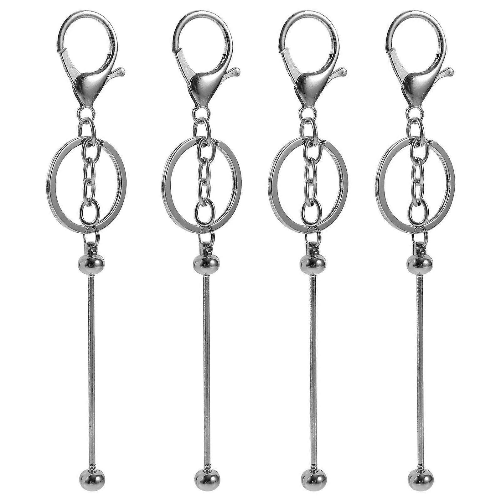4Pcs Beaded Keychain Metal Stainless Steel Silver Color for Daily Use Craft Supplies with Key Ring