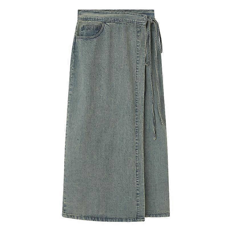 Chinese style retro washed denim skirt women's 2024 new high waist and thin design split fork medium and long skirt