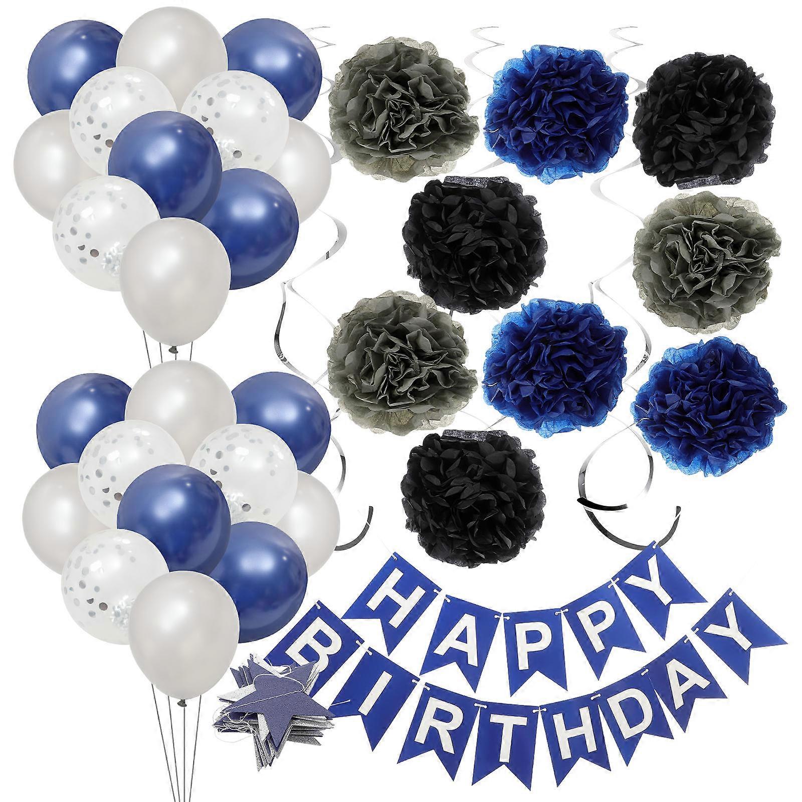 Here's a refined and engaging product description based on your input:
 
**Navy Blue Birthday Party Banner with Decorative Flower Balls – Hanging