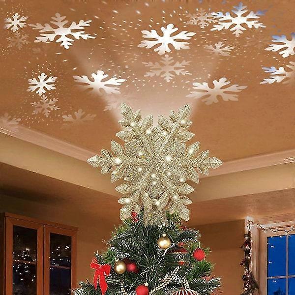 Heyone Christmas Tree Topper with Golden Snowflake Projector, LED Rotating Magic Snowflake, 3D Hollow Glitter Lit Gold