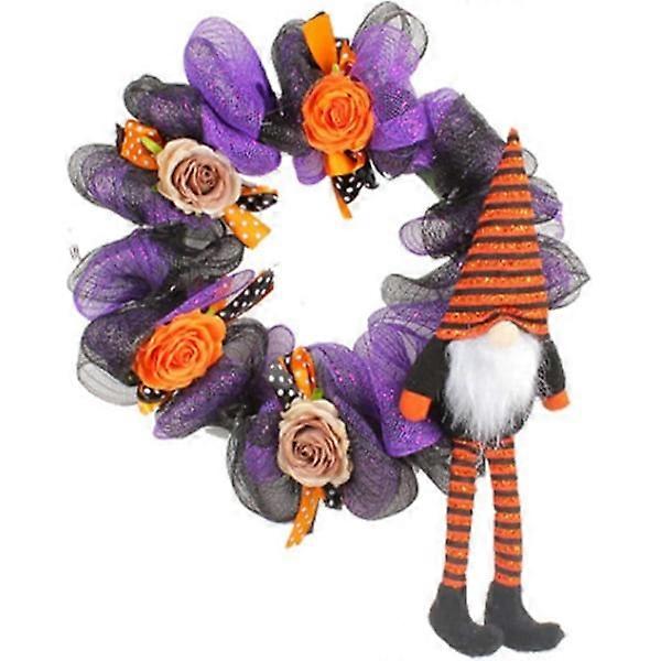 15.8 inch Halloween Mesh Wreath for Front Door, Halloween Long Legged Witch Gnome Wreath -CHSZ