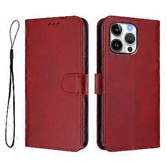 For iPhone 16 Pro Max Wallet Case RFID Blocking Calfskin Stand Phone Protective Case with Strap - (Wine Red, Wine Red)