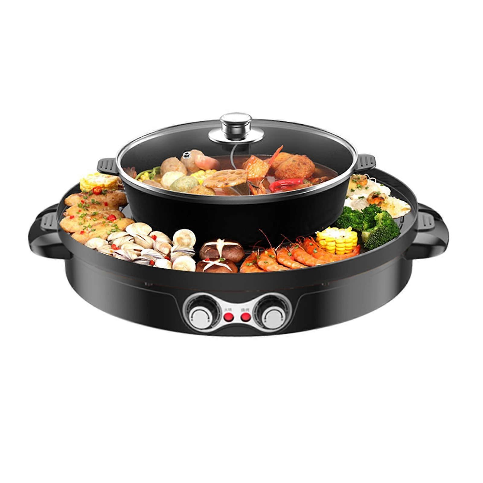 2200W Electric Grill and Hot Pot 2 in 1, Round Table BBQ Grill with Dual Split NonStick Pan, 220V (EU Plug)
