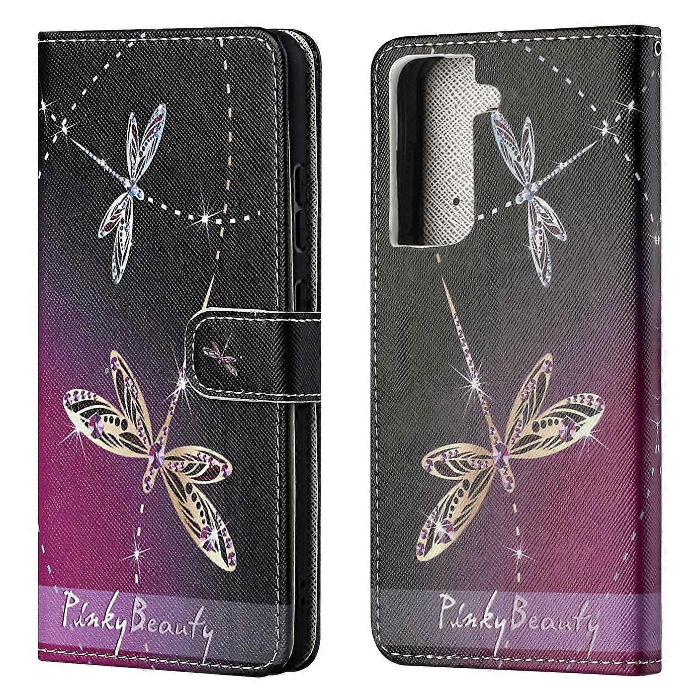 New Pattern Printing Cross Texture Leather Wallet Stand Case for Samsung Galaxy S21 FE - Dragonfly