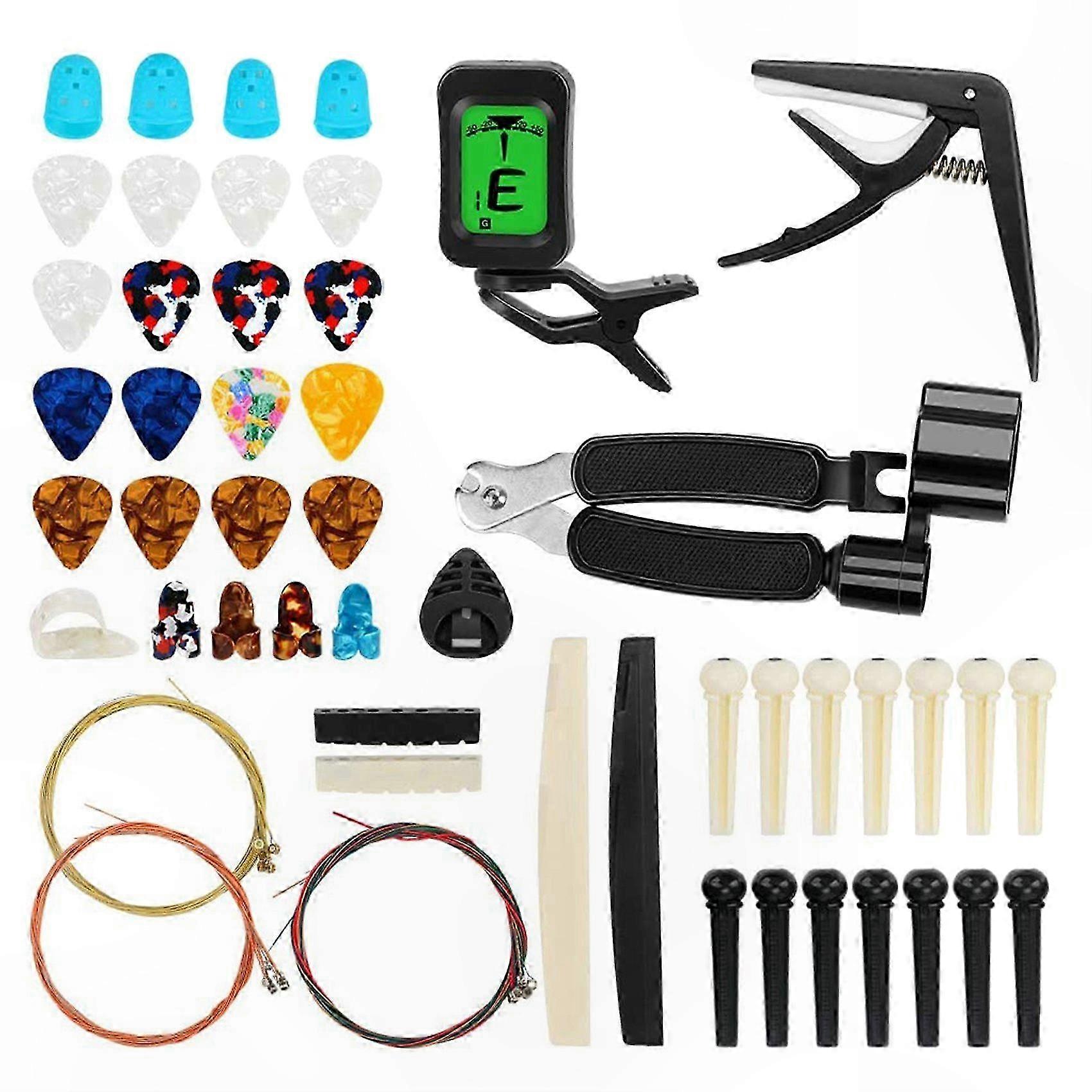 Guitar Accessories Kit with Strings, Tuner, Capo, Picks, Holder, Finger Protector, and More (65 Pieces)