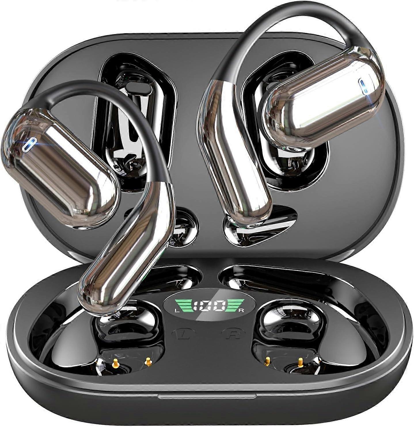 Open Bluetooth 5.3 Earphones Wireless Earbuds Built-in Microphone with Earhook LED Display Charging Case(Black)