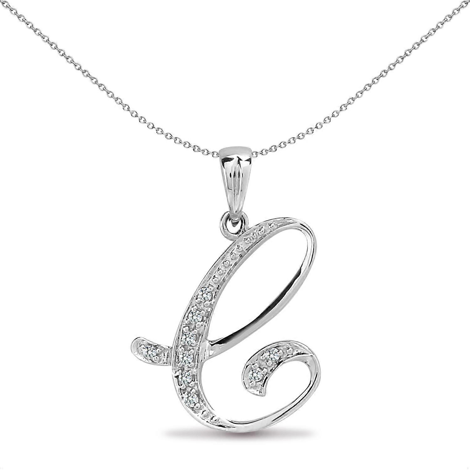 Jewelco London 9ct White Gold Pave Set Round G SI 0.05ct Diamond Identity Script Initial ID Charm Pendant Letter C