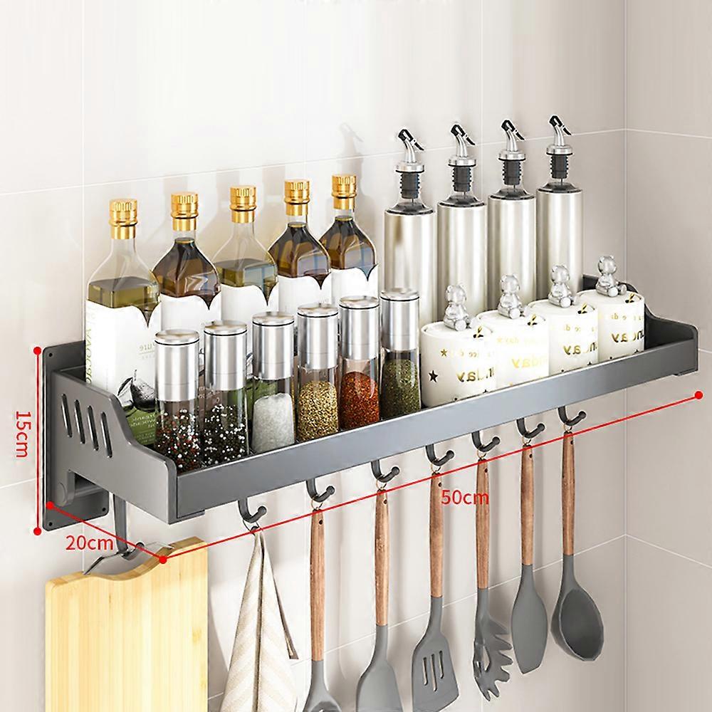 TKdaddy 20x50cm Kitchen Storage Rack Wall Mounted Spice Organizer Holder with Hooks