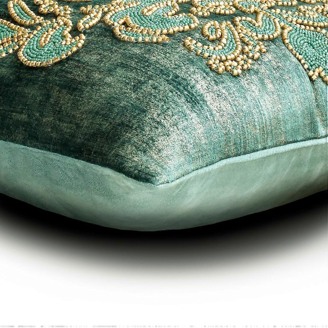 Toss Pillow Covers 16"x16" Suede Damask Beaded Embroidered Throw Pillow Covers Decorative Teal for Sofa Abstract Pattern Modern Style - Aureate Teal