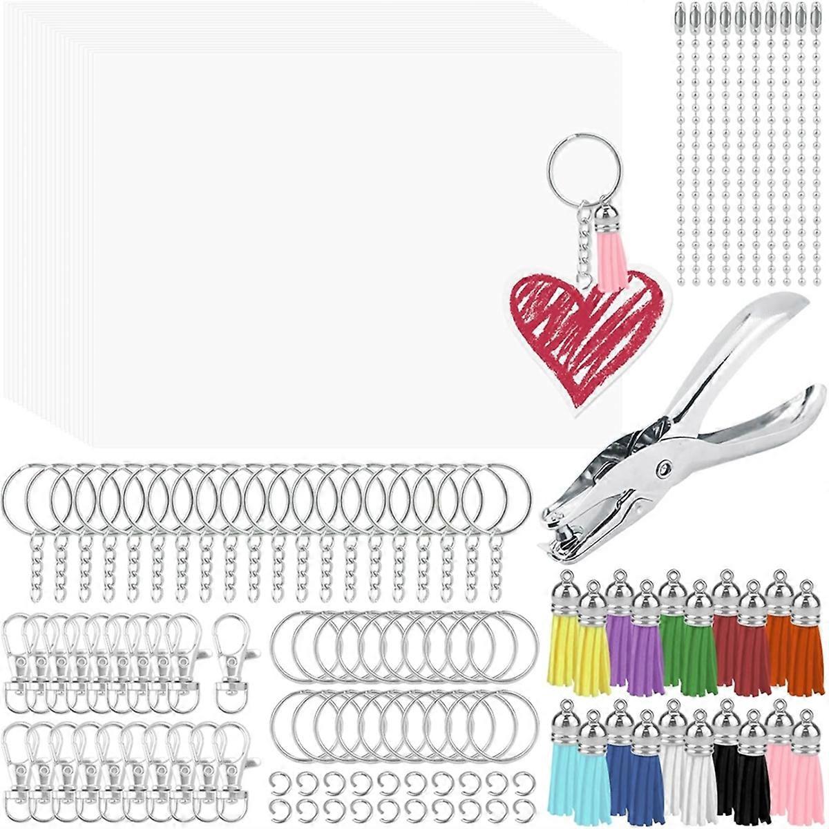 171 Pcs Shrinky Plastic Sheets Keychain Kit, with Key Chains Making Kit Key Rings, Tassels, Hole Pu