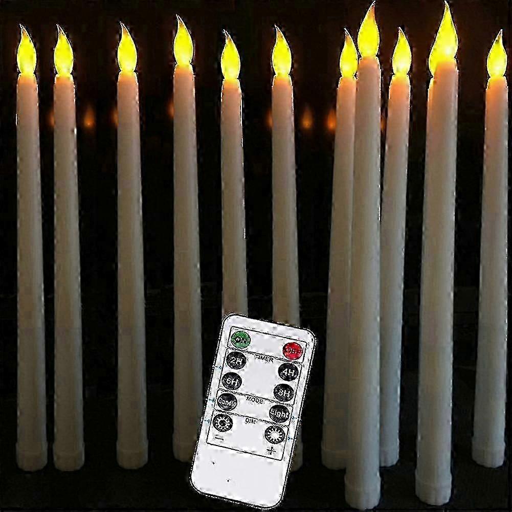 Set Of 10 Battery Operated Led Taper With Remote, Ivory Dining Smooth Wax Finish, Warm White Led
