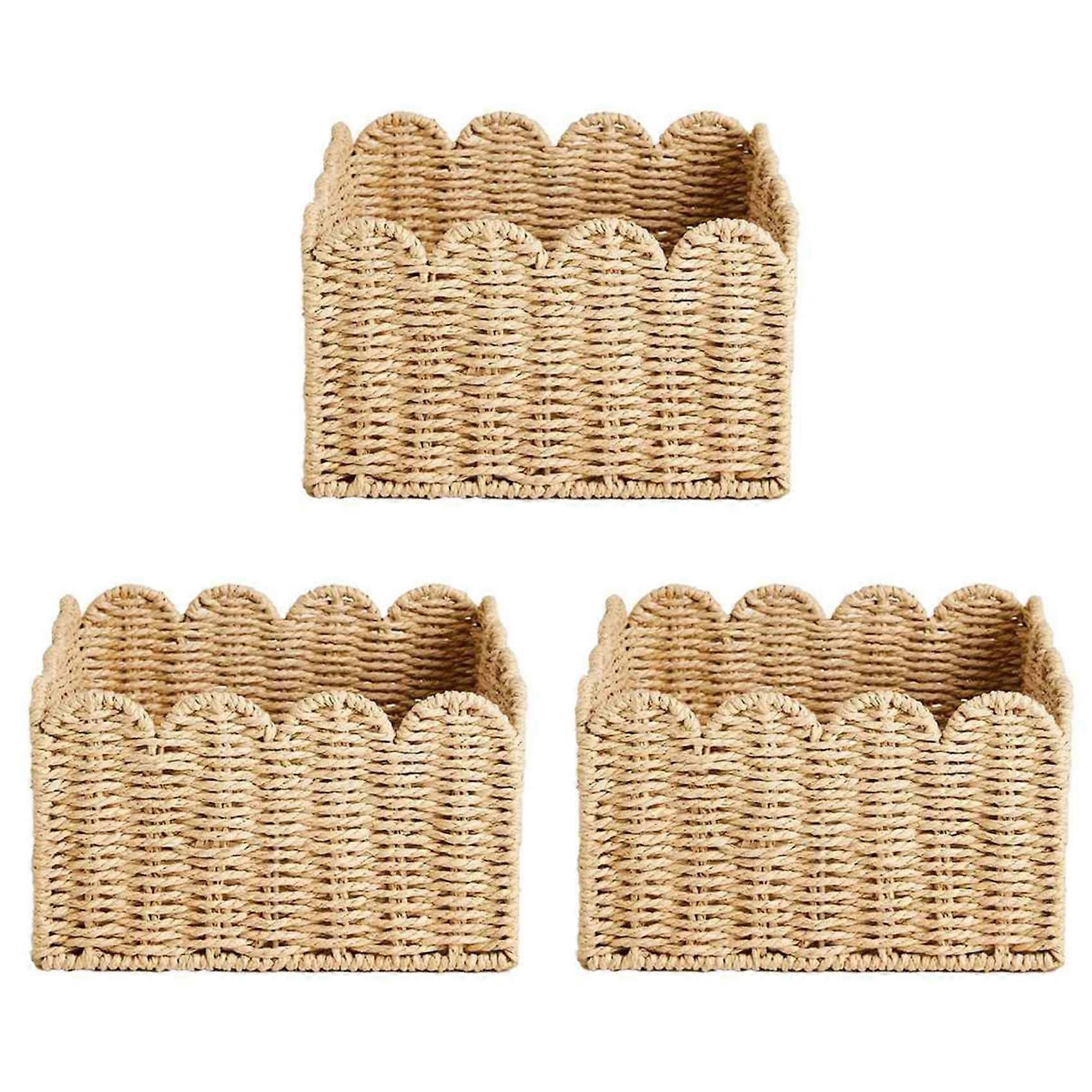 3X Scalloped Edge Basket, Wicker Storage Baskets,Handwoven Organizing Baskets for Shelves, Paper Rope Design