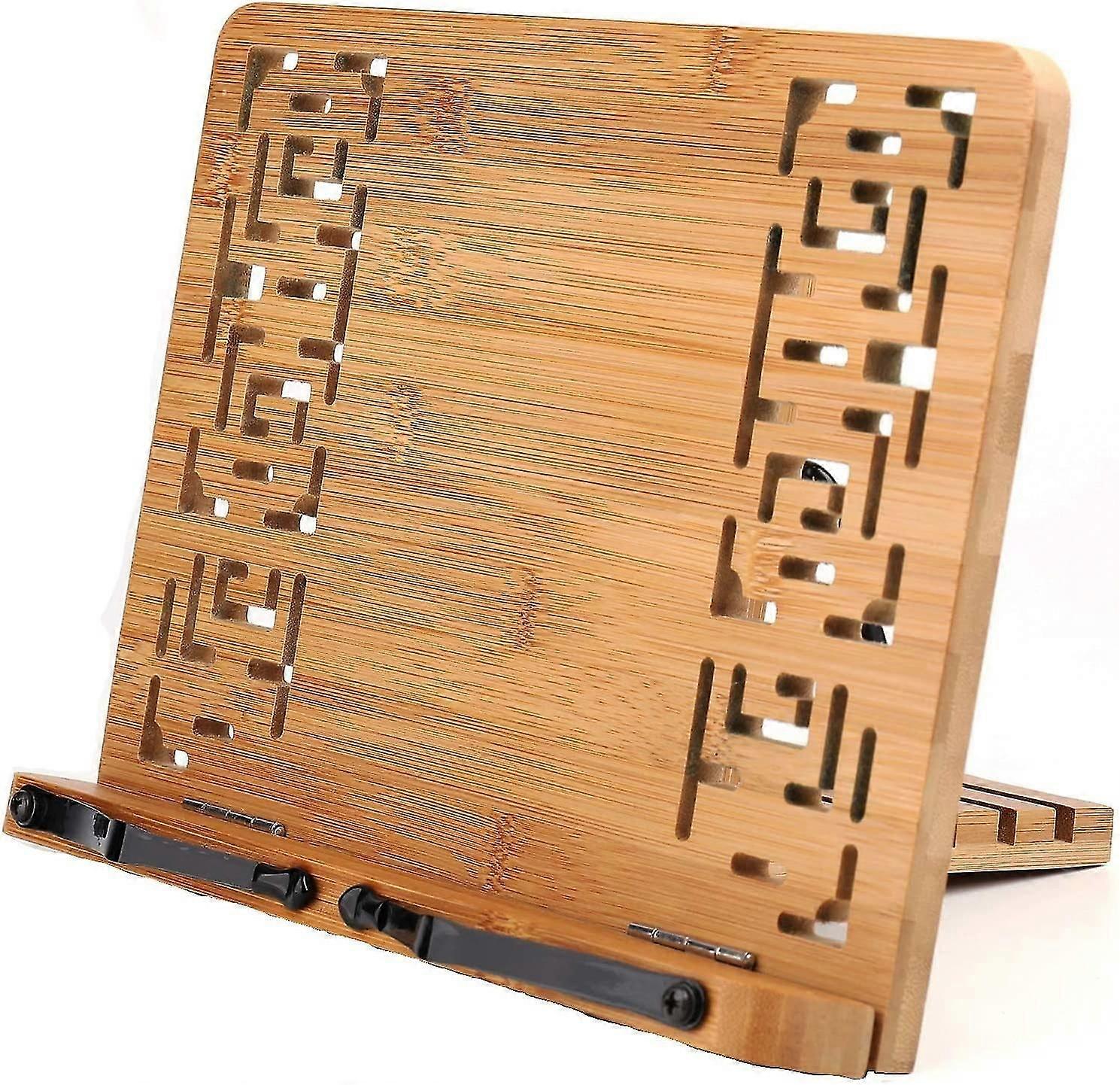 Bamboo Book Stand, Book Holder With 2 Metal Page Holders, Foldable And Adjustable Stand, For Ipad/ Tablet