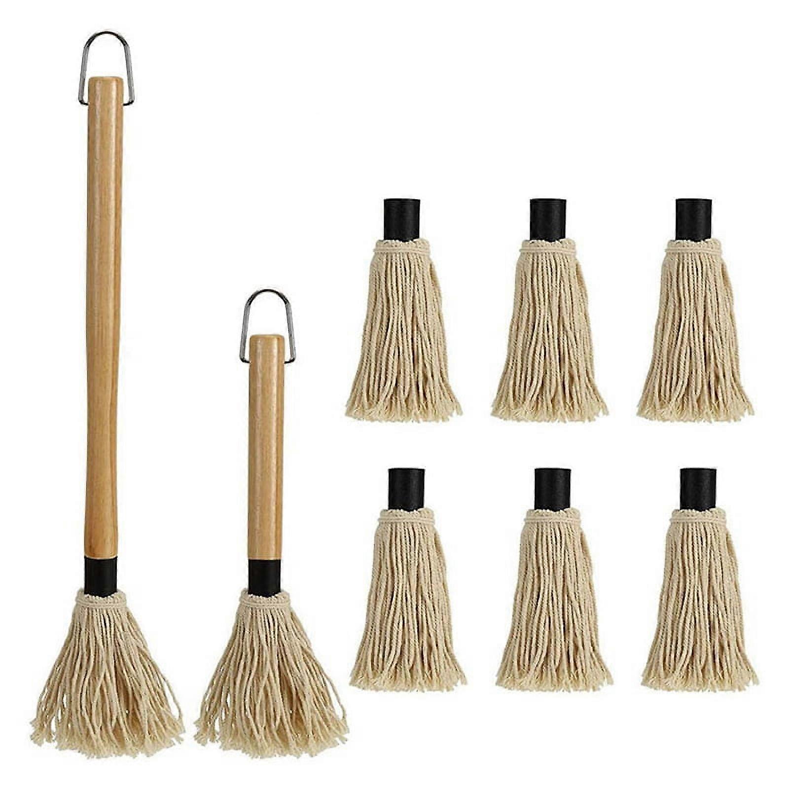 2 Pack Grilling Basting Mop, BBQ Sauce Basting Mops & Brushes with Wooden Long Handle and 6 Extra Replacements