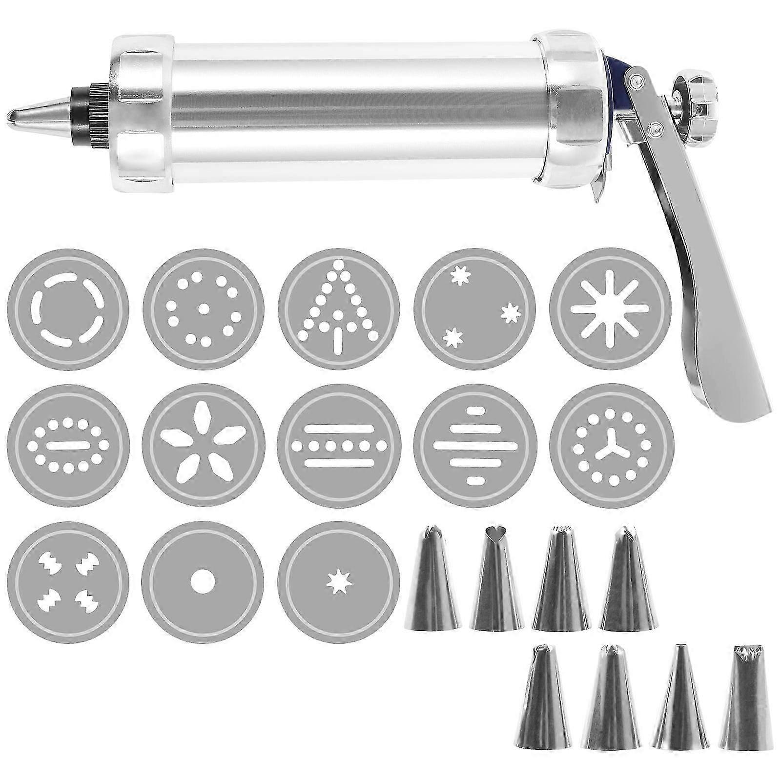 Stainless Steel Cookie Press Kit with 8 Nozzles & 13 Discs, Reusable Biscuit Maker, Compatible with Standard Refills
