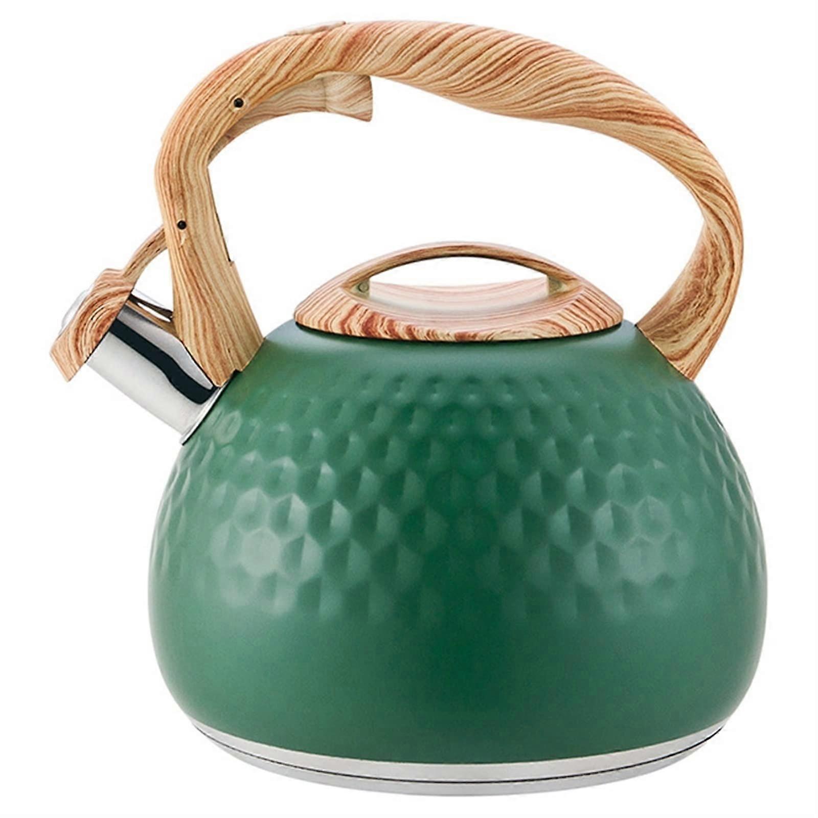 Stainless Steel Whistling Tea Kettle with Wood Pattern Handle and Triple Layer Base, 3.2 Qt Green Stovetop Pot
