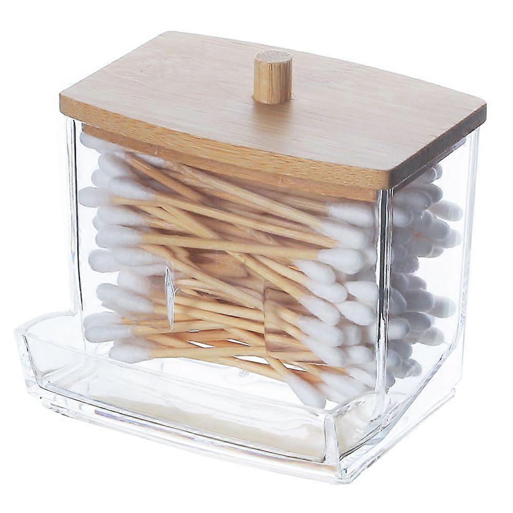 Cotton Swab Holder with Bamboo Lid, Clear Bathroom Storage Jar for Pads and Balls, Square Container