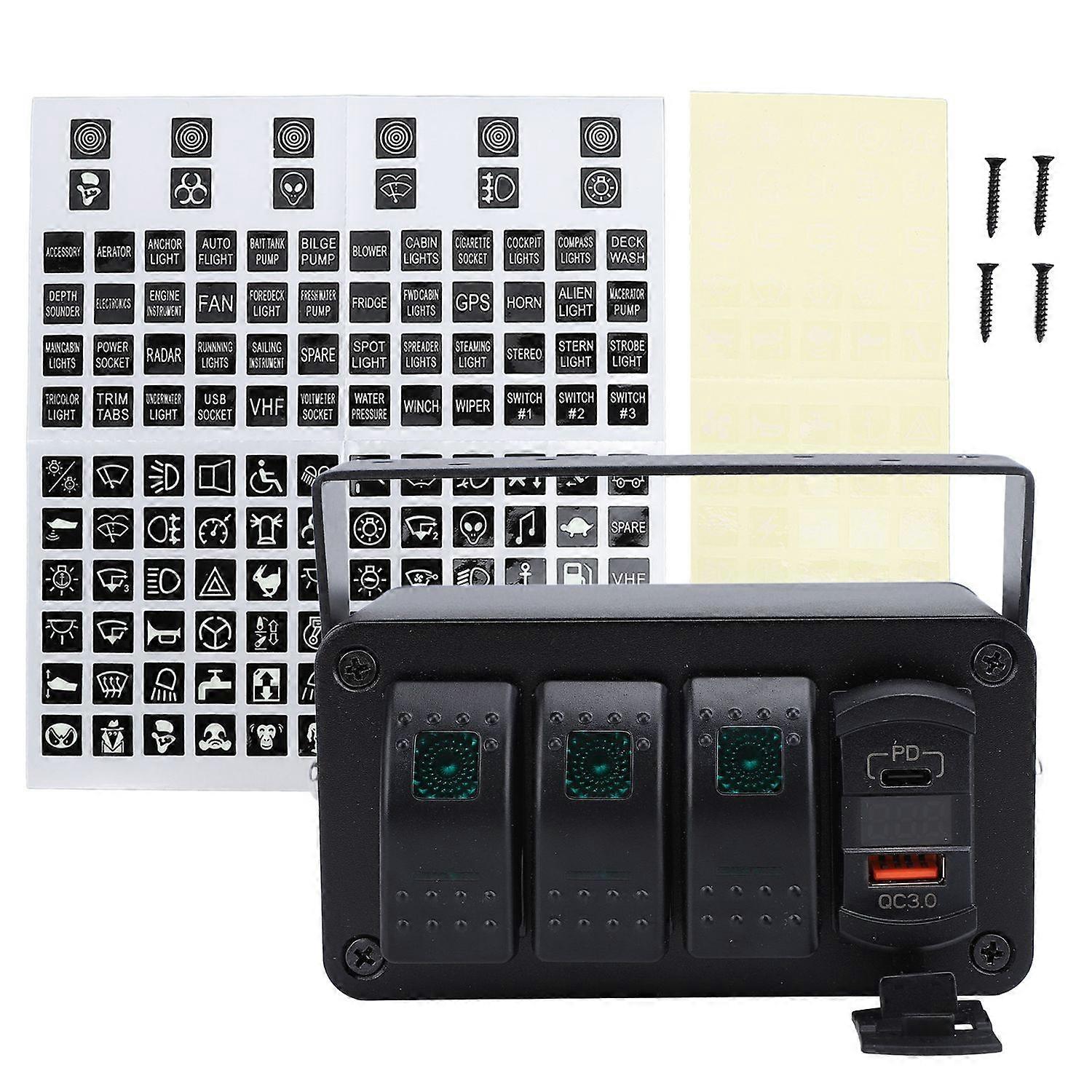 3 Gang Rocker Switch Panel DC12‑24V On Off Toggle Switch with PD Type C and QC3.0 USB Charger Voltme