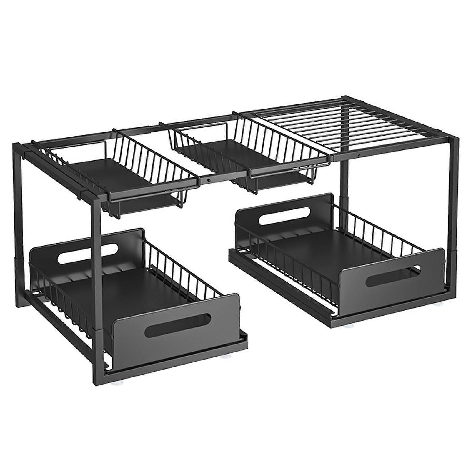 Under Sink Organizer 2Tier Adjustable Storage Shelf with Pull Out Basket for Kitchen Bathroom Cabinets Black