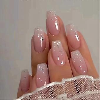 Unghie finte a bara, unghie finte medie con effetto ombré e glitter, design a pressione per unghie, unghie finte artificiali, unghie adesive per donne, 30 pezzi, effetto ombré e glitter