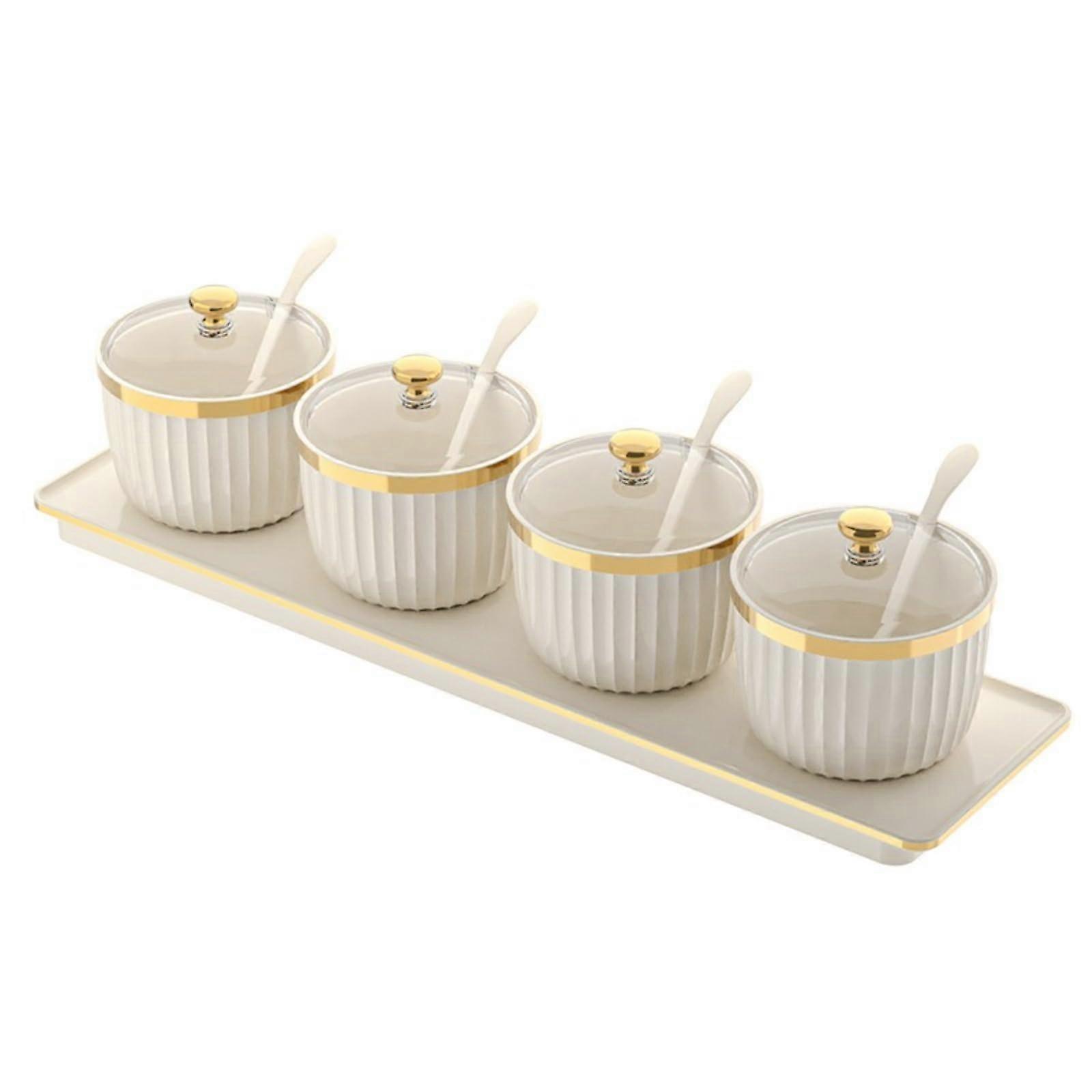 Luxury FourGrid Seasoning Storage Box with Spoon, Large Capacity Golden Cream Spice Jar Set