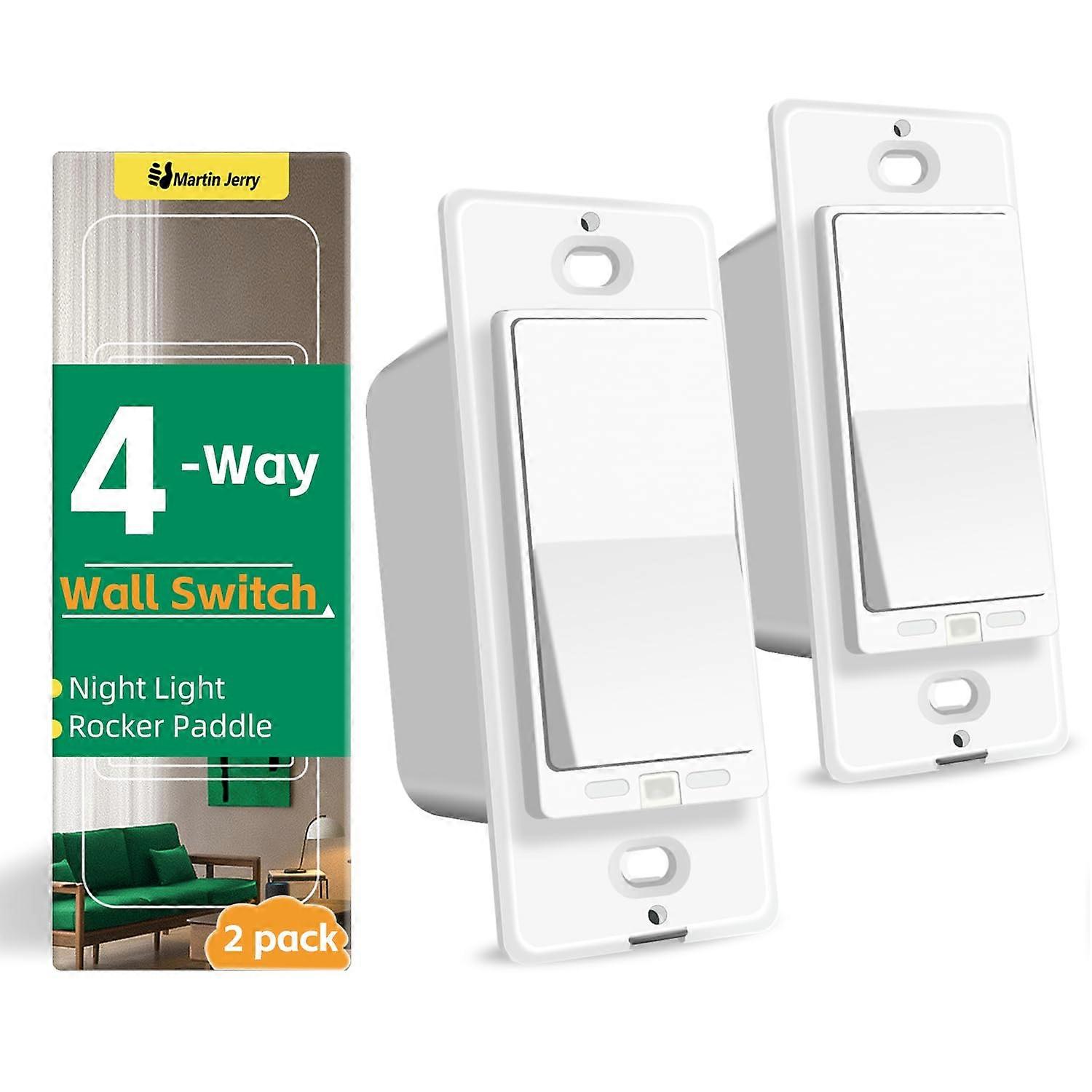 4Way Wall Switch with LED Night Light, Decorator Rocker Paddle, White 2Pack for MultiLocation Control