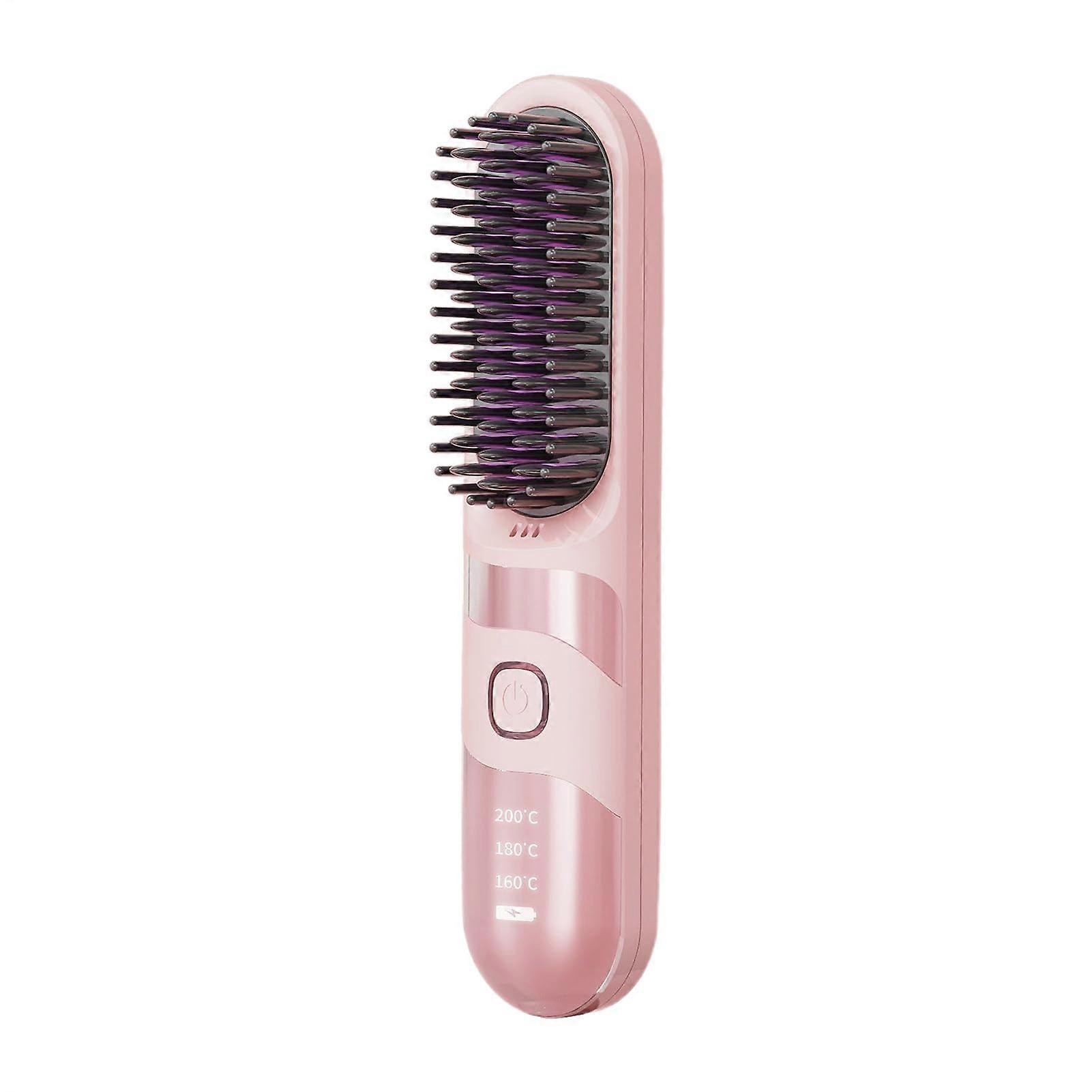 Wireless Hair Straightener Brush 2 in 1 with Negative Ion Care and 3 Temp Modes Pink for Travel