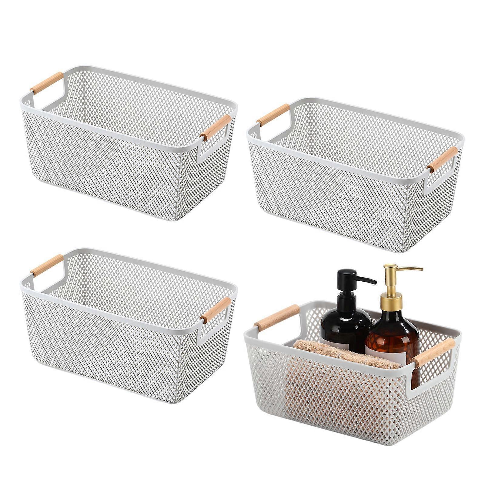 4 Pcs Stackable Plastic Storage Baskets with Wooden Handles, Mesh Organizer Bins for Kitchen Pantry Ref: 6354