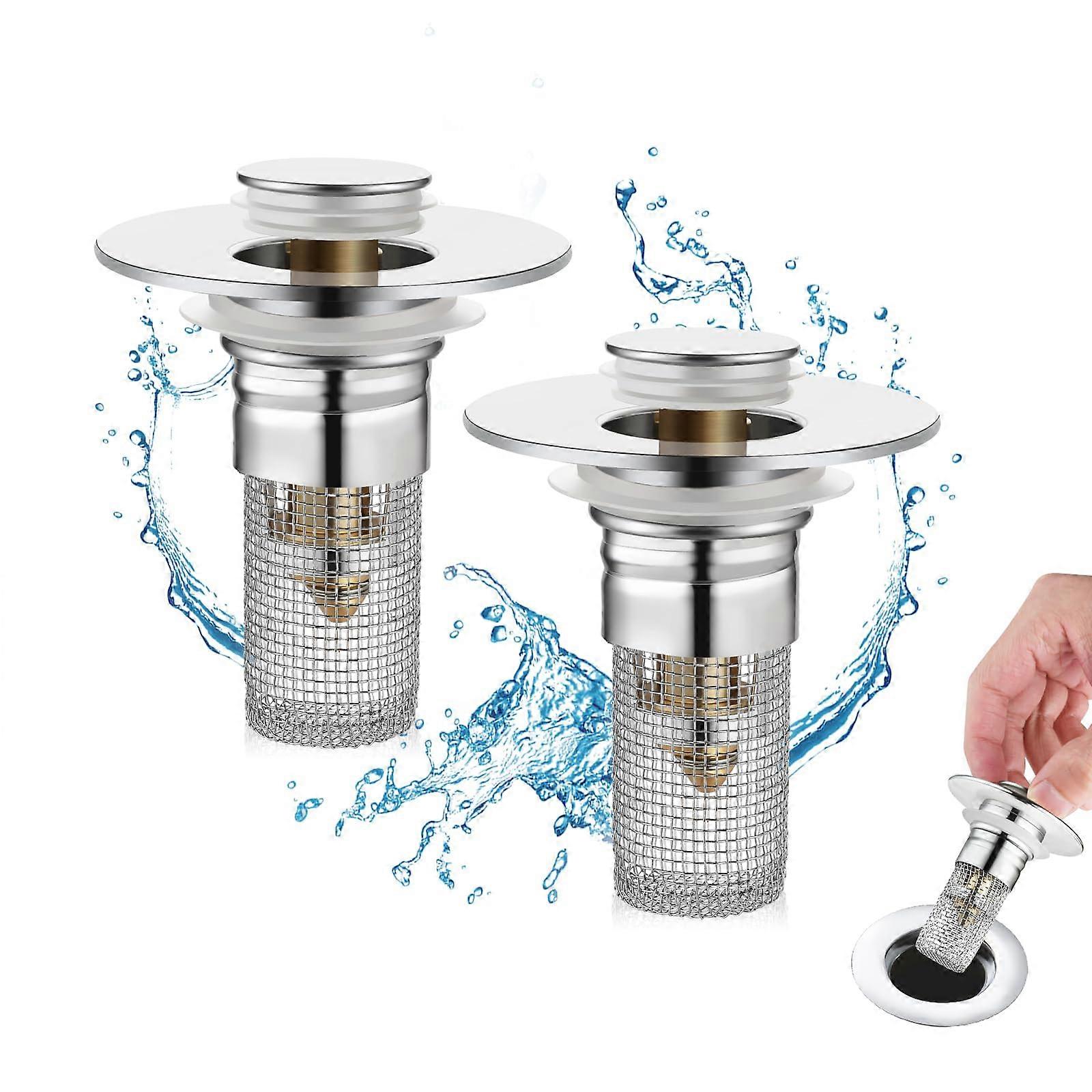 2 Pack Bathroom Sink Stopper Pop Up Drain with ClogProof Strainer, Universal Fit Chrome RustResistant
