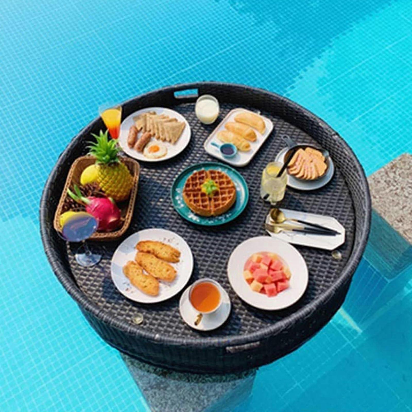 Luxury Rattan Floating Pool Tray Bar with Multiple Drink Holders and Large Breakfast Serving 60cm