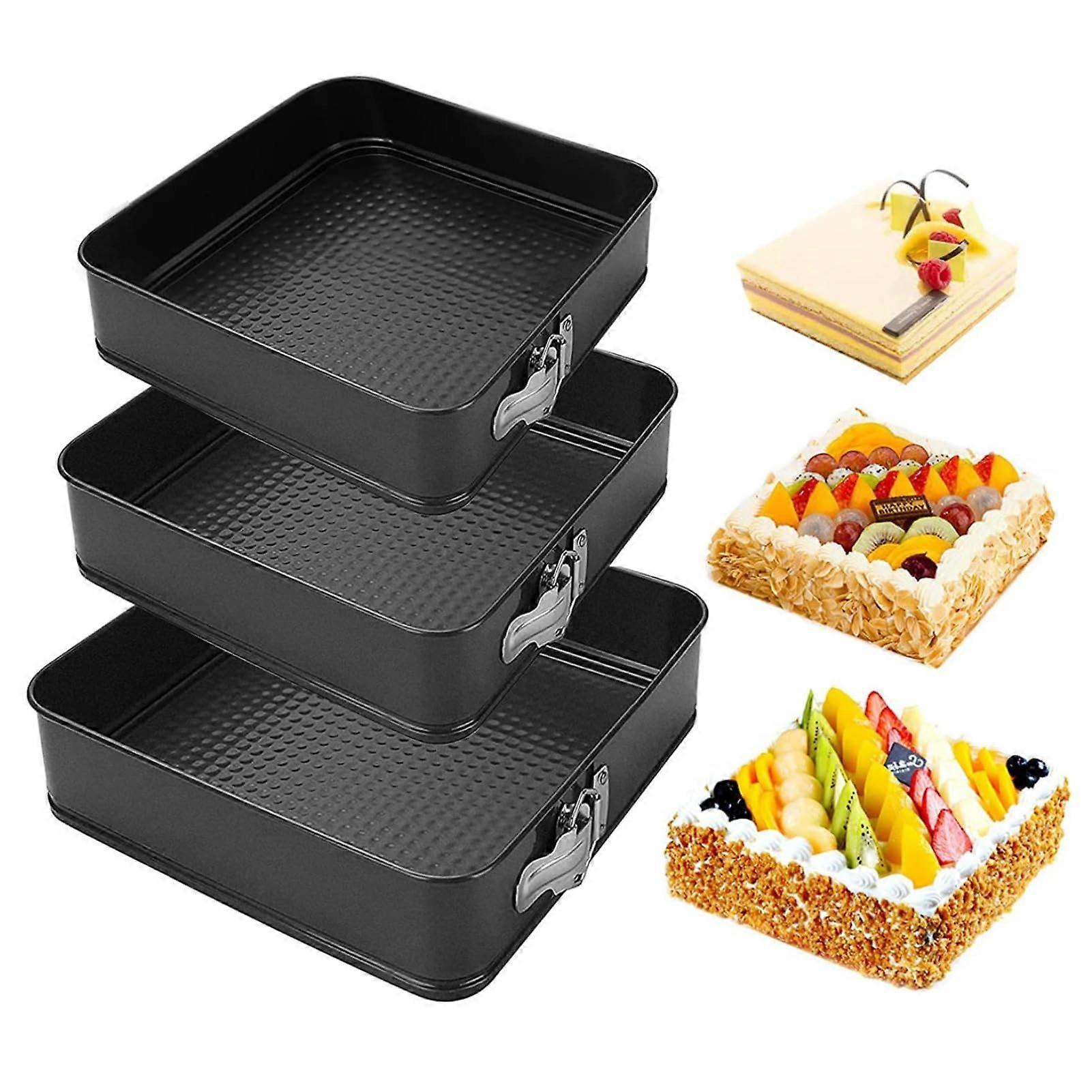 3 Piece Square Springform Cake Pan Set, Nonstick Baking Pans with Removable Bottom, 24/26/28 cm