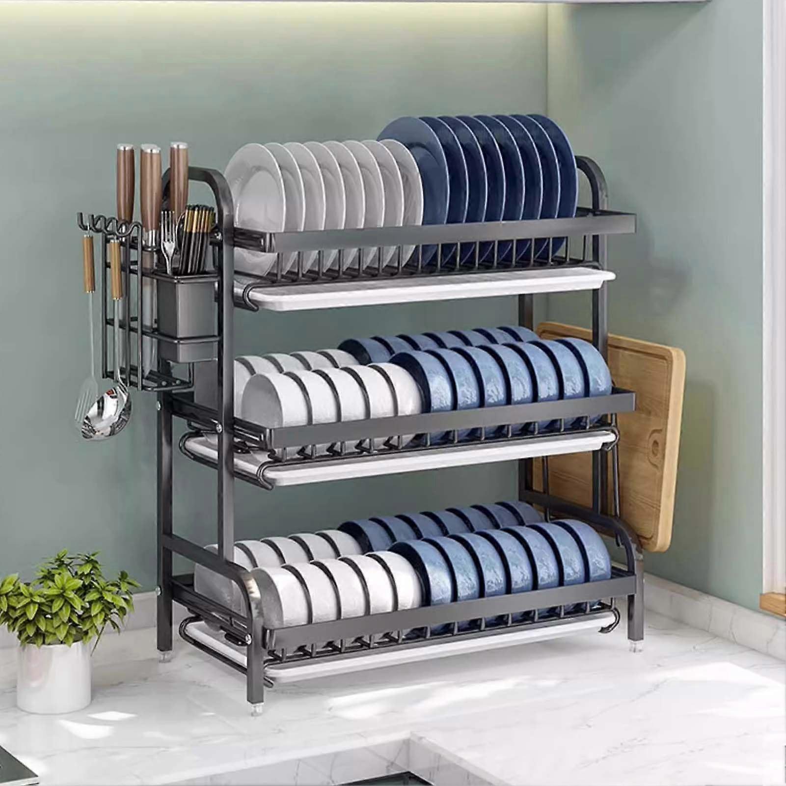 Large Capacity 3 Tier Dish Drying Rack Rustproof Stainless Steel with Drainboard for Kitchen Counter