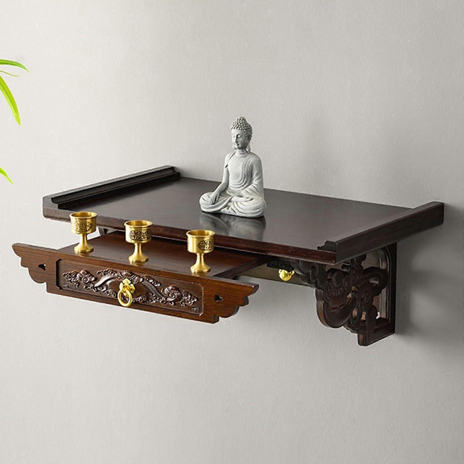 Buddha Wall Shelf Bamboo Buddhist Altar Table with PullOut Storage and Gold Hook, Brown 40cm