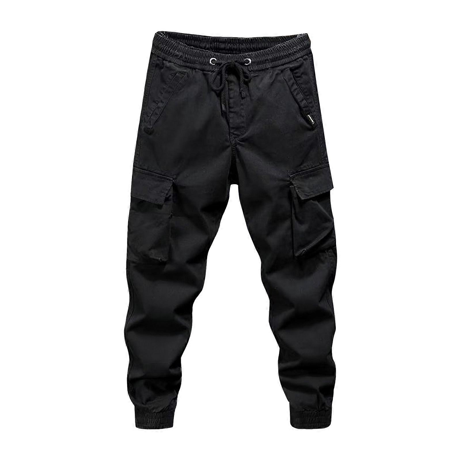 Men Cargo Pants Elastic Waist Adjustable Drawstring Casual Overalls with Multi Pockets Solid Color