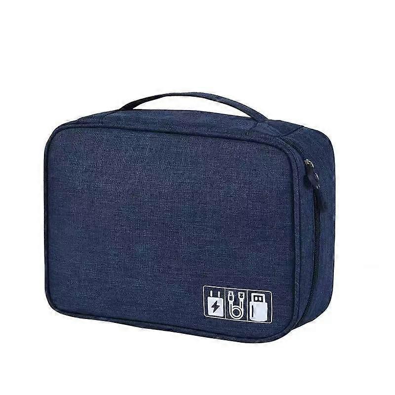 Electronics Organizer Waterproof Nylon Bag with Double Layer Cable Storage Navy Blue Tech Case