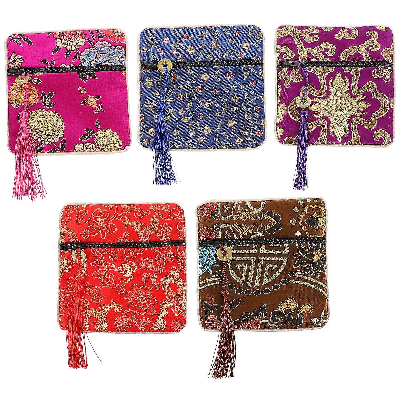 Assorted Color Drawstring Pouch for Storage Use 5Pcs Fabric Drawstring Coin Bag