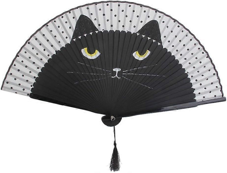 Foldable Silk Bamboo Cat Pattern Hand Fan