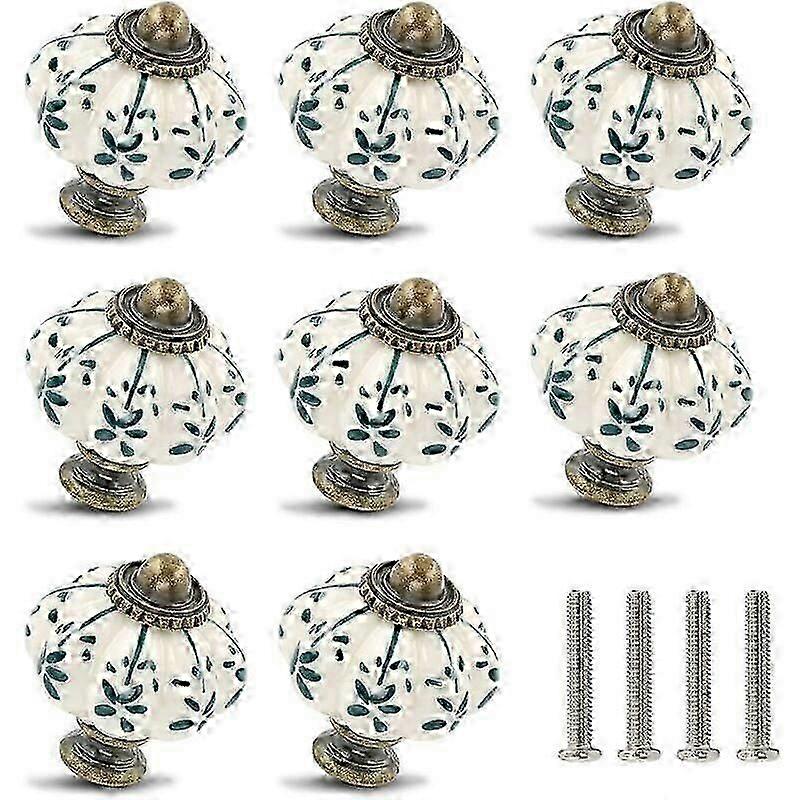 12-Pack Ivory & Green Ceramic Knobs - Vintage Pumpkin Cabinet Knobs, Retro Dresser Drawer Pulls