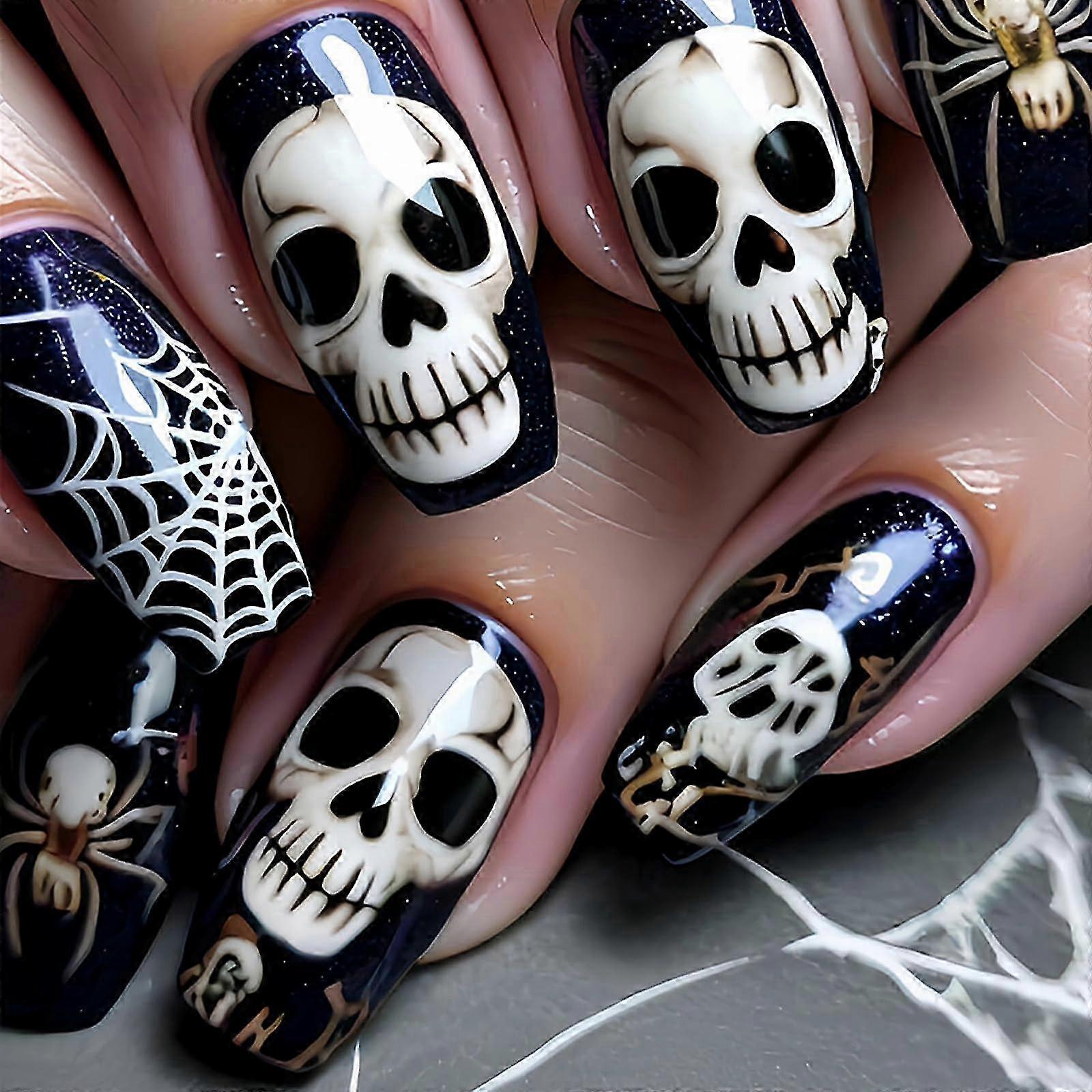Coffin Shape Press On Nails Skull Black