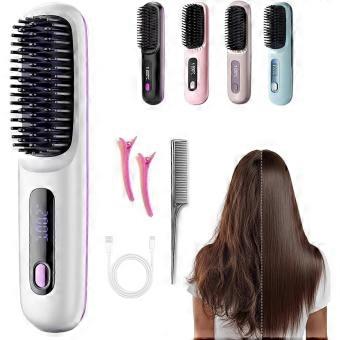USB Rechargeable Cordless Hair Straightener Brush with Ceramic Anti‑Scald Design, 3 Heat Settings, LED Display, Fast Heat‑Up for Travel Styling