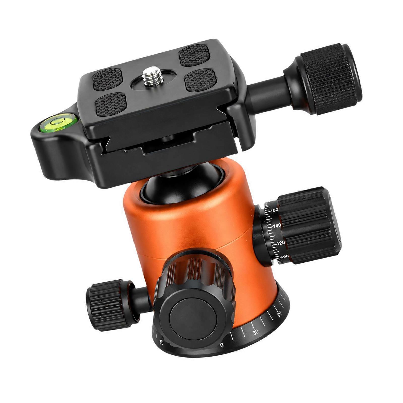 Quick-Release Camera Ball Head with Camera Mounting Screw, Bubble Level, and Separate Controls for Position Changes  Orange