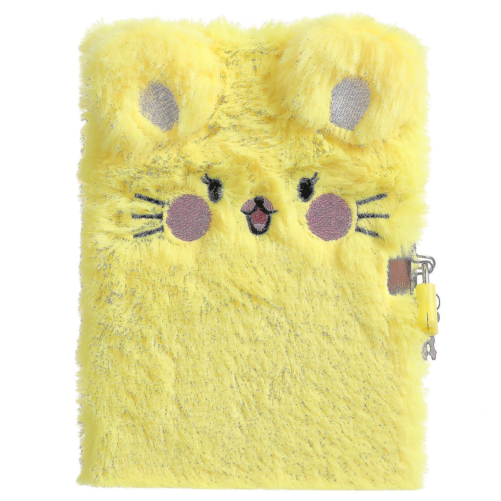 Cute Cat Face Plush Diary With Lock And Key, A5 Lined Hardcover Secret Notebook Locking Journal Writ