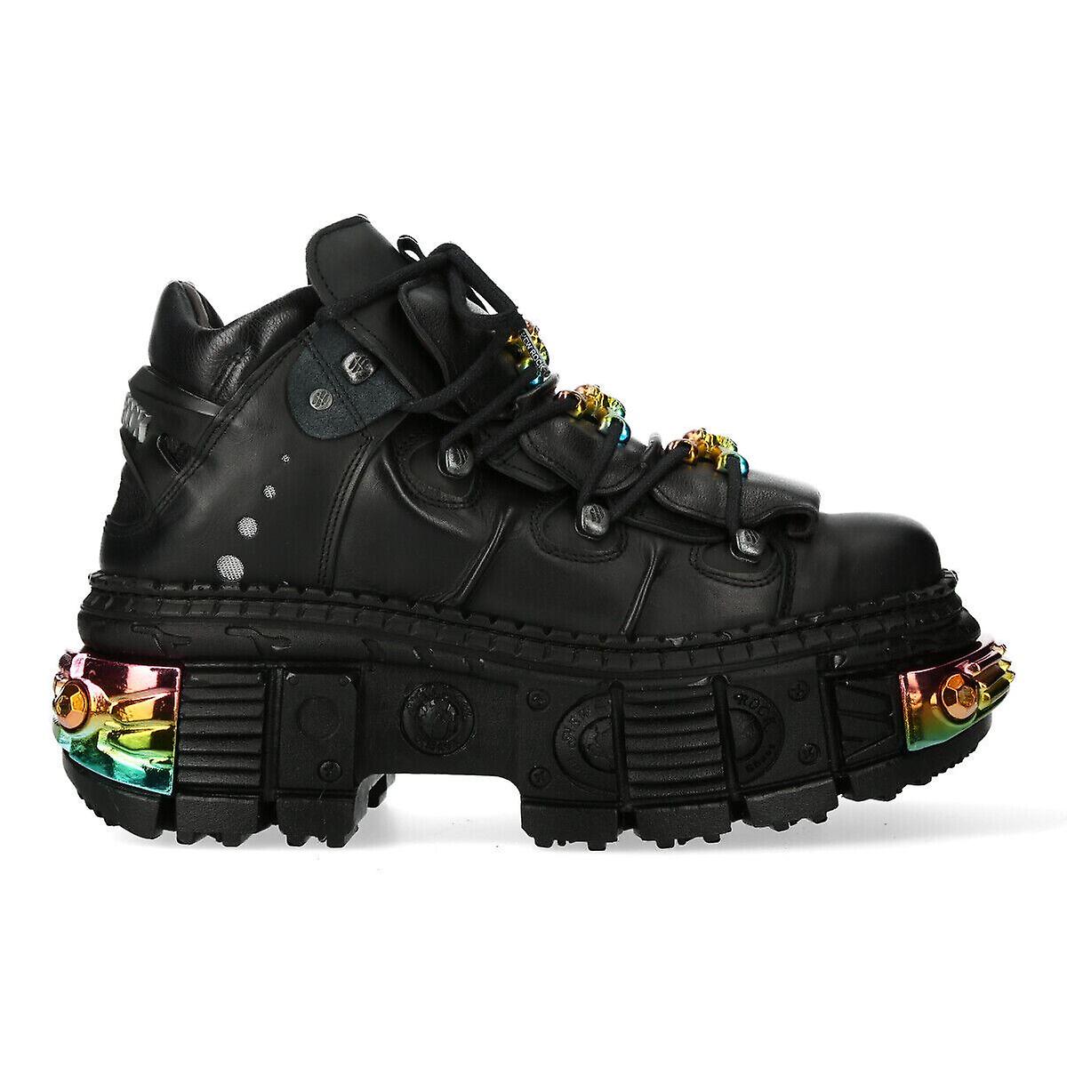 New Rock Stivali Unisex WALL106-S23 - Pelle Nera, Piattaforma 8 Cm, Tacco 10 Cm, Stile Gothic Rock
