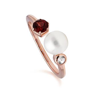Modern Pearl, Garnet & Topaz Open Ring in Rose Gold Plated...